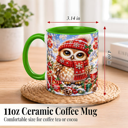#pl[11oz|Green] Jeweled Christmas Owl Coffee Mug, Winter Owl Mug, Ceramic Cup