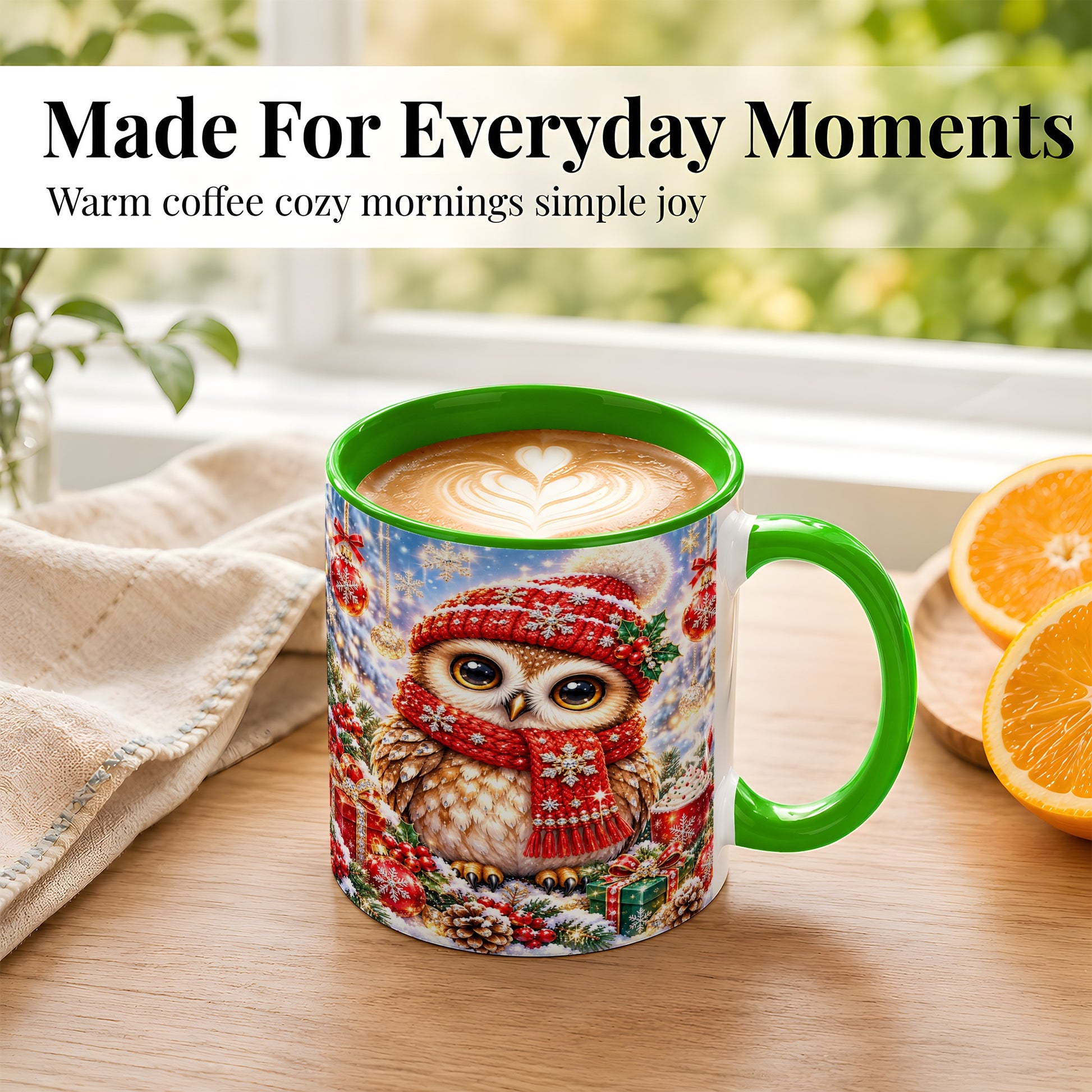 #pl[11oz|Green] Jeweled Christmas Owl Coffee Mug, Winter Owl Mug, Ceramic Cup
