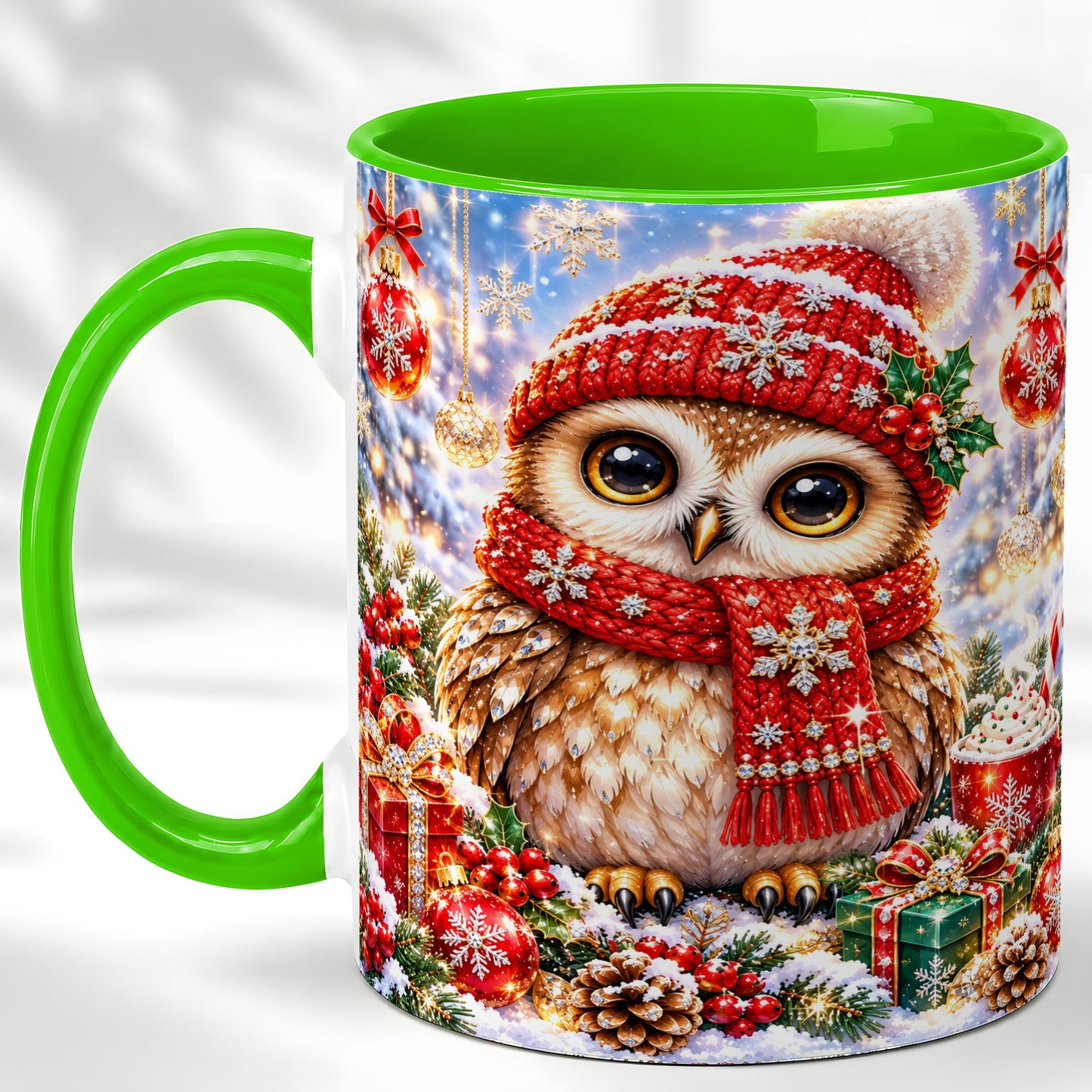 #pl[11oz|Green] Jeweled Christmas Owl Coffee Mug, Winter Owl Mug, Ceramic Cup