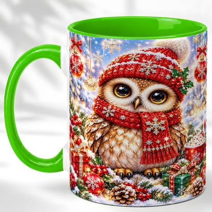 #pl[11oz|Green] Jeweled Christmas Owl Coffee Mug, Winter Owl Mug, Ceramic Cup