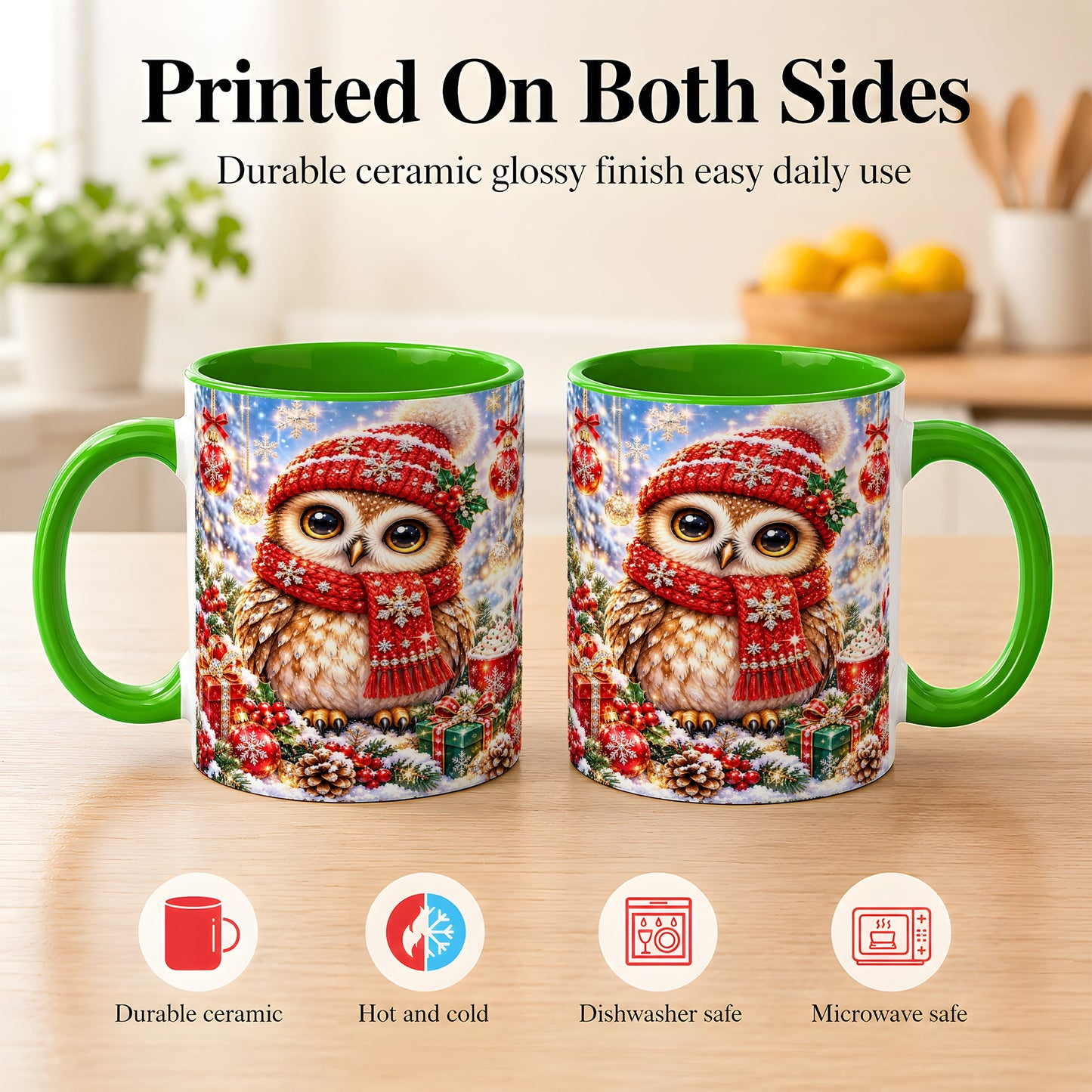 #pl[11oz|Green] Jeweled Christmas Owl Coffee Mug, Winter Owl Mug, Ceramic Cup