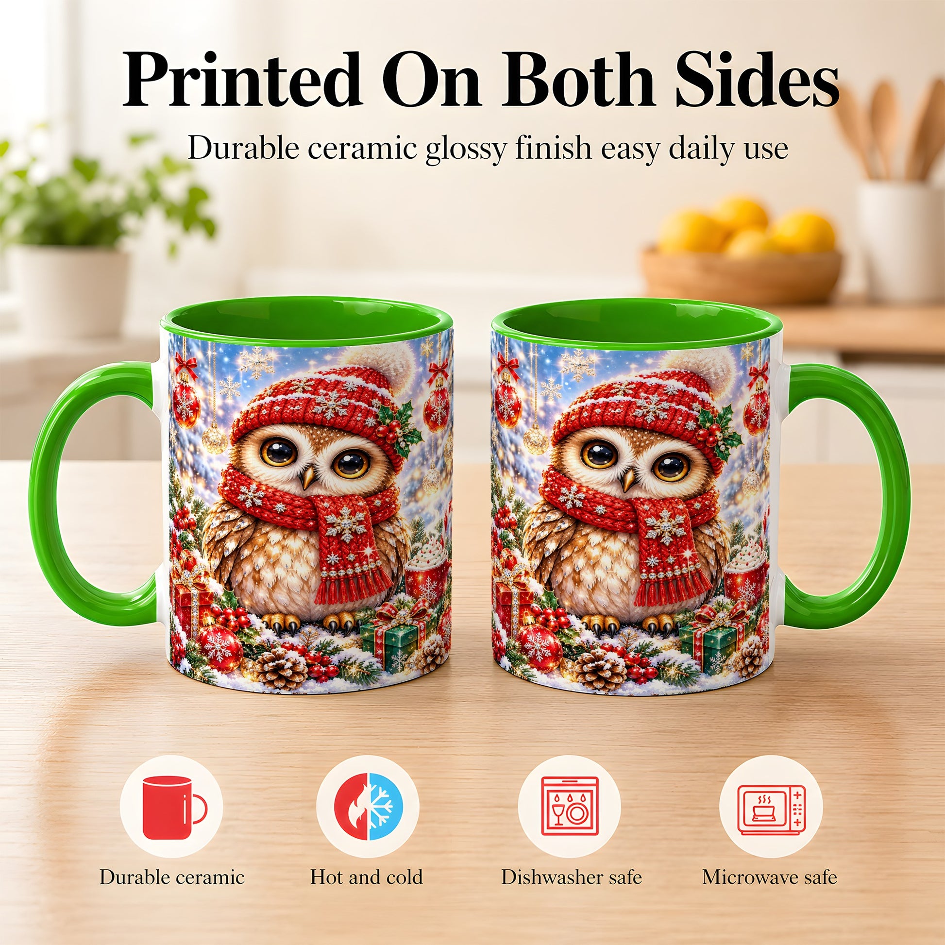 #pl[11oz|Green] Jeweled Christmas Owl Coffee Mug, Winter Owl Mug, Ceramic Cup