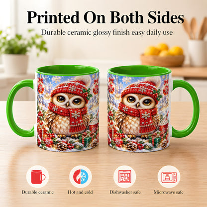 #pl[11oz|Green] Jeweled Christmas Owl Coffee Mug, Winter Owl Mug, Ceramic Cup
