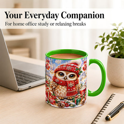 #pl[11oz|Green] Jeweled Christmas Owl Coffee Mug, Winter Owl Mug, Ceramic Cup