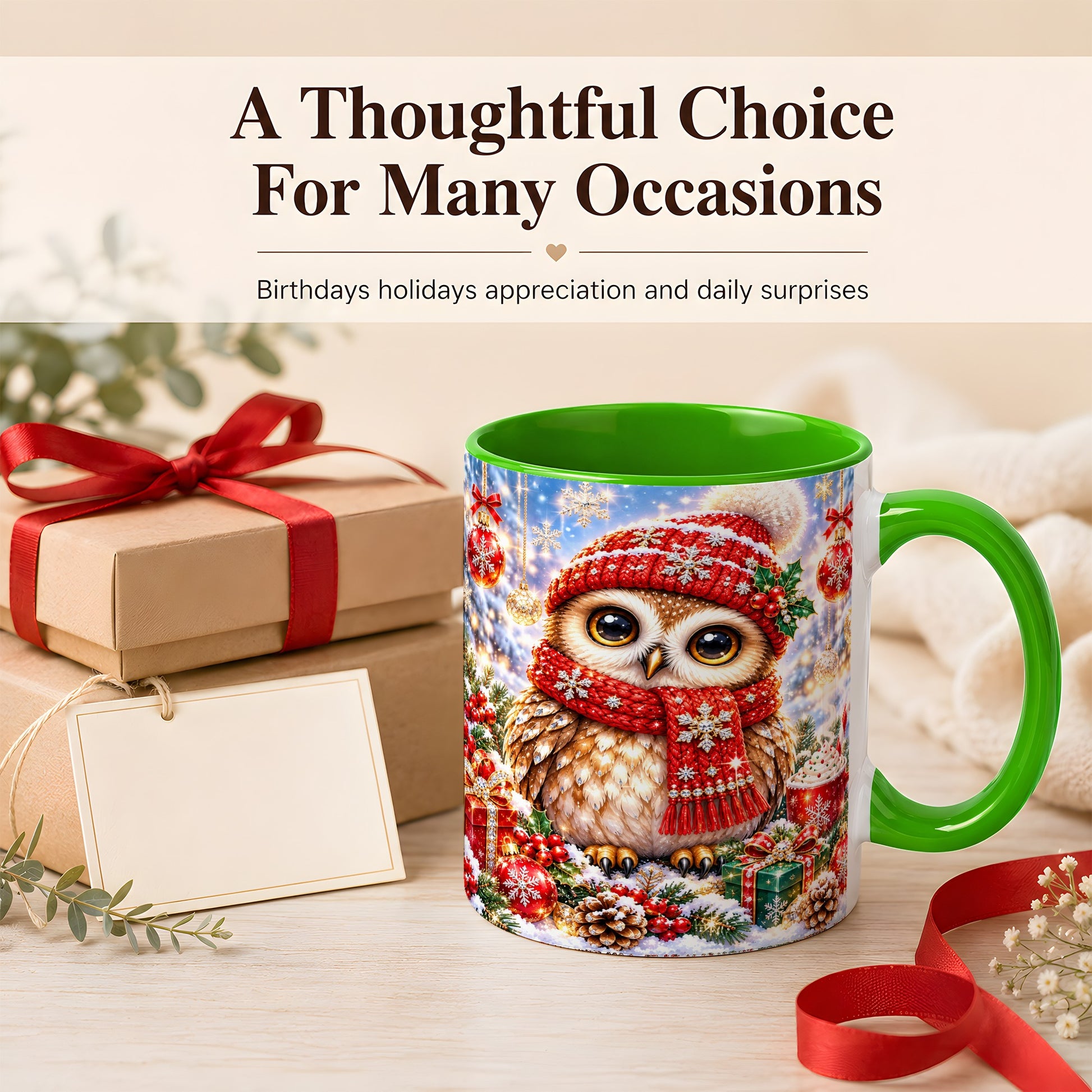 #pl[11oz|Green] Jeweled Christmas Owl Coffee Mug, Winter Owl Mug, Ceramic Cup
