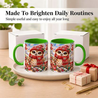 #pl[11oz|Green] Jeweled Christmas Owl Coffee Mug, Winter Owl Mug, Ceramic Cup