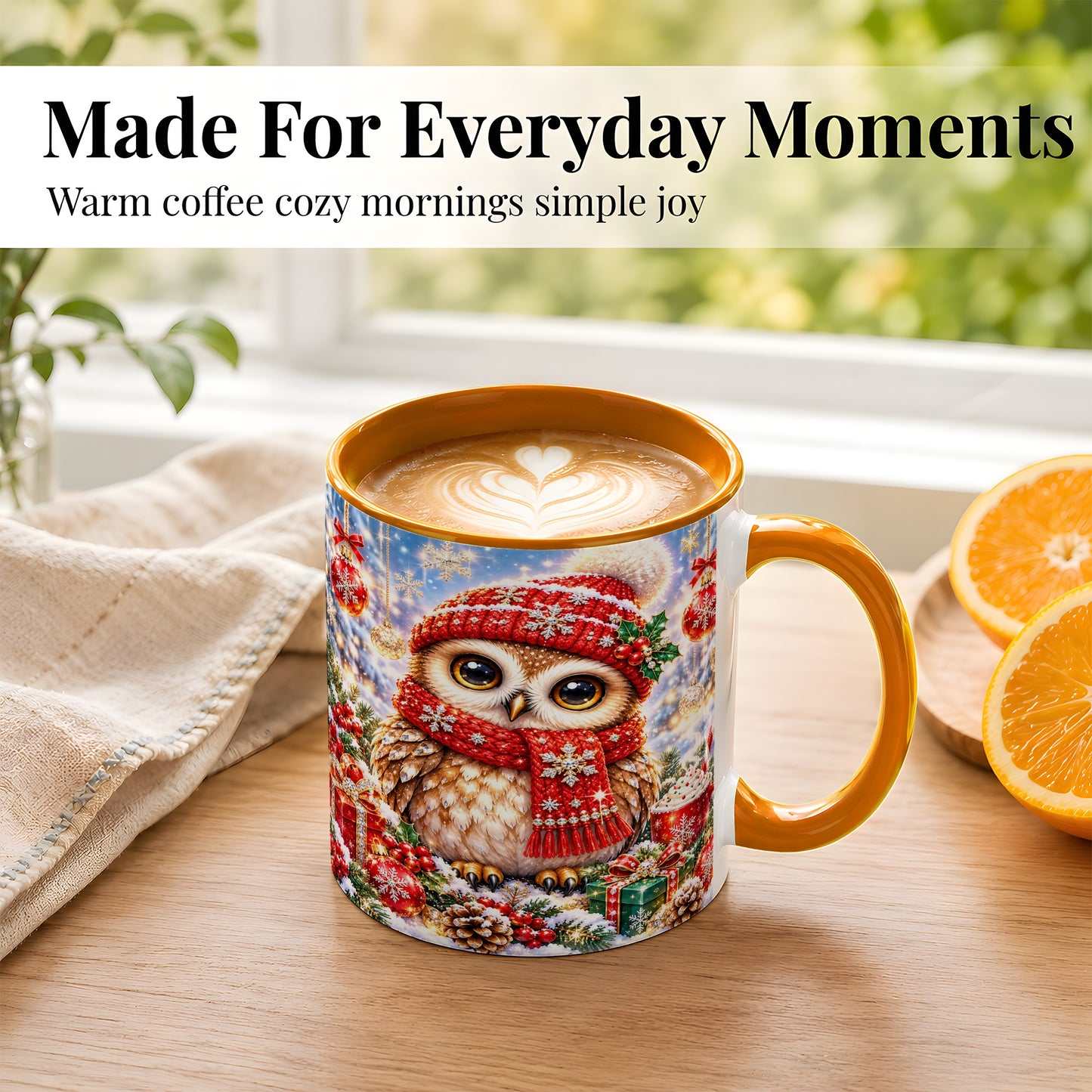 #pl[11oz|Orange] Jeweled Christmas Owl Coffee Mug, Winter Owl Mug, Ceramic Cup