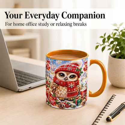 #pl[11oz|Orange] Jeweled Christmas Owl Coffee Mug, Winter Owl Mug, Ceramic Cup