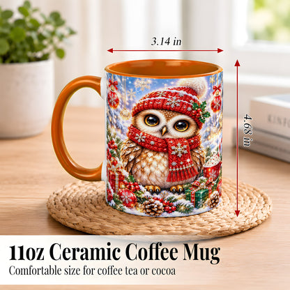 #pl[11oz|Orange] Jeweled Christmas Owl Coffee Mug, Winter Owl Mug, Ceramic Cup