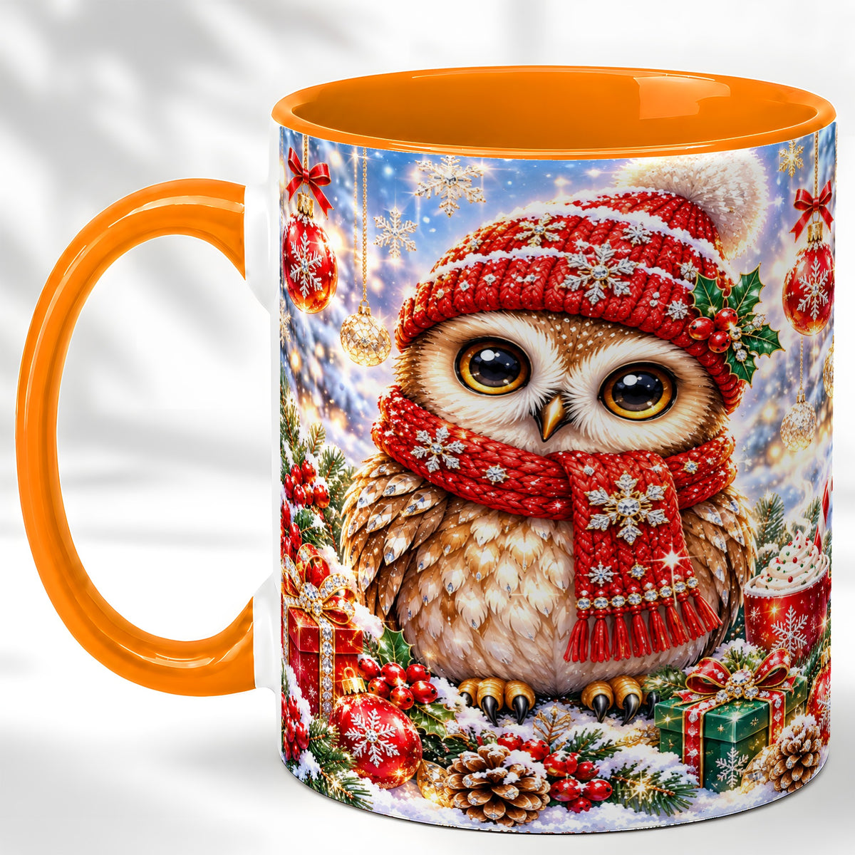 #pl[11oz|Orange] Jeweled Christmas Owl Coffee Mug, Winter Owl Mug, Ceramic Cup