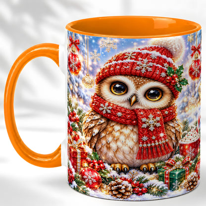 #pl[11oz|Orange] Jeweled Christmas Owl Coffee Mug, Winter Owl Mug, Ceramic Cup