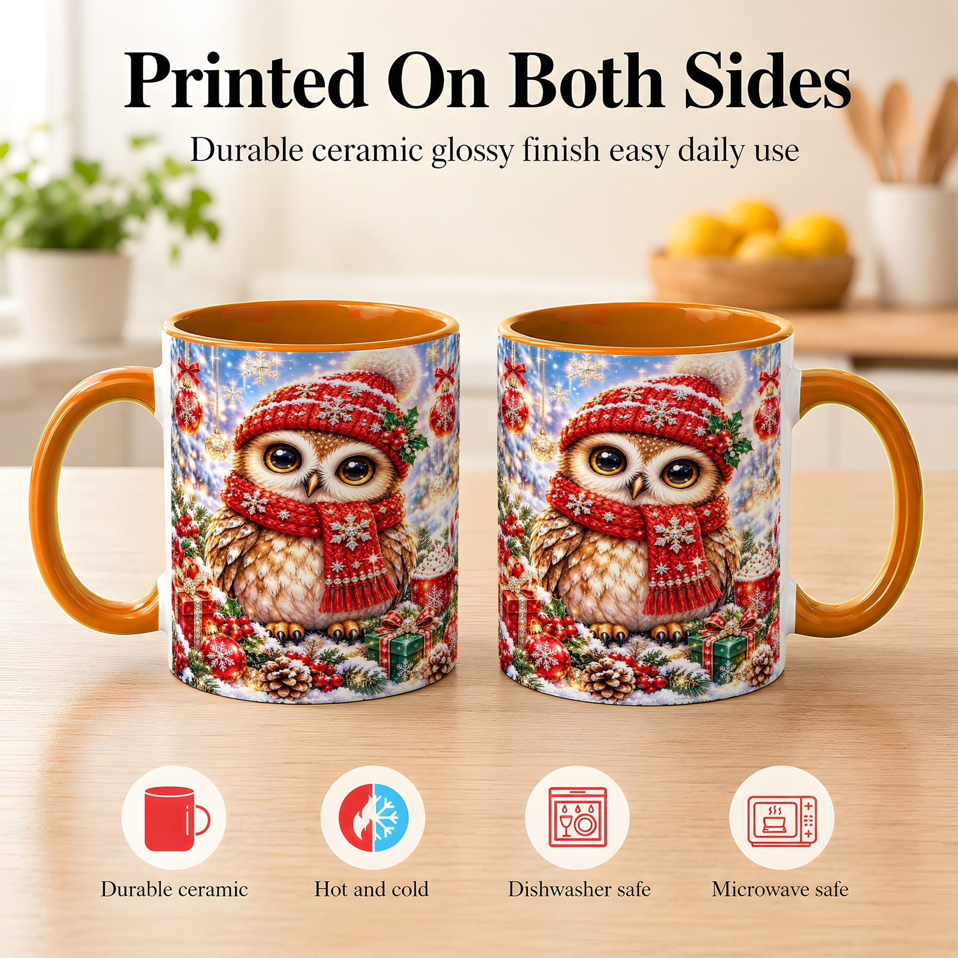 #pl[11oz|Orange] Jeweled Christmas Owl Coffee Mug, Winter Owl Mug, Ceramic Cup