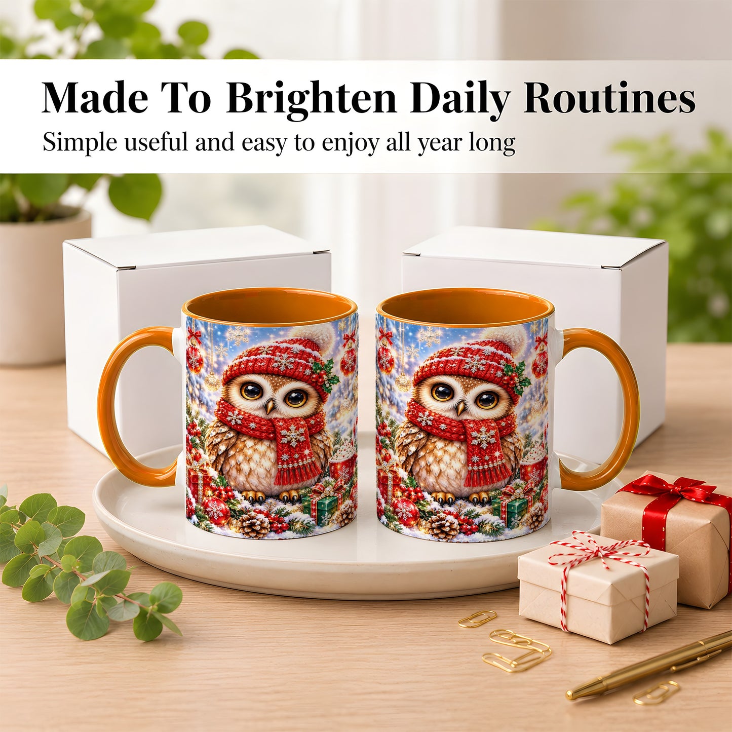 #pl[11oz|Orange] Jeweled Christmas Owl Coffee Mug, Winter Owl Mug, Ceramic Cup