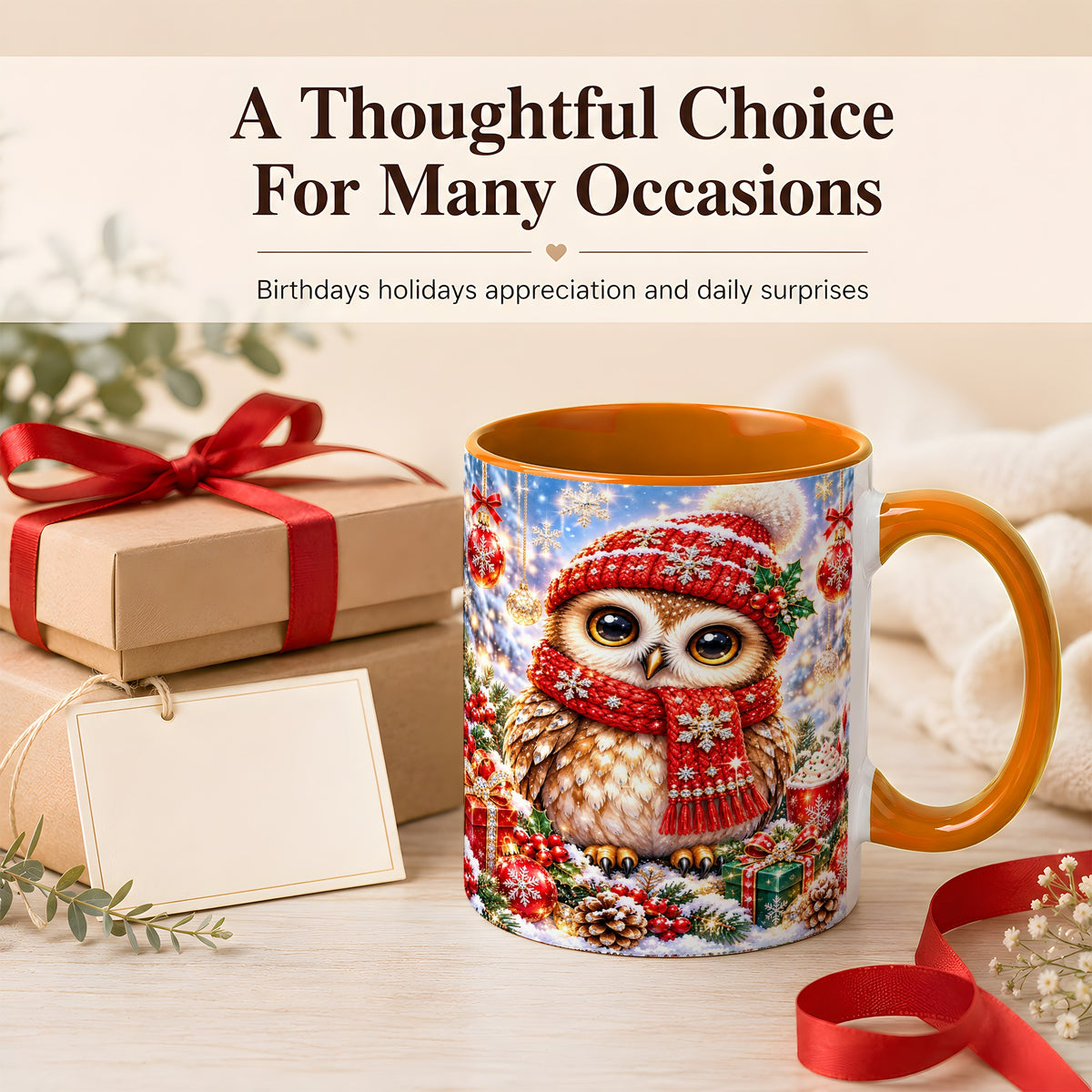 #pl[11oz|Orange] Jeweled Christmas Owl Coffee Mug, Winter Owl Mug, Ceramic Cup