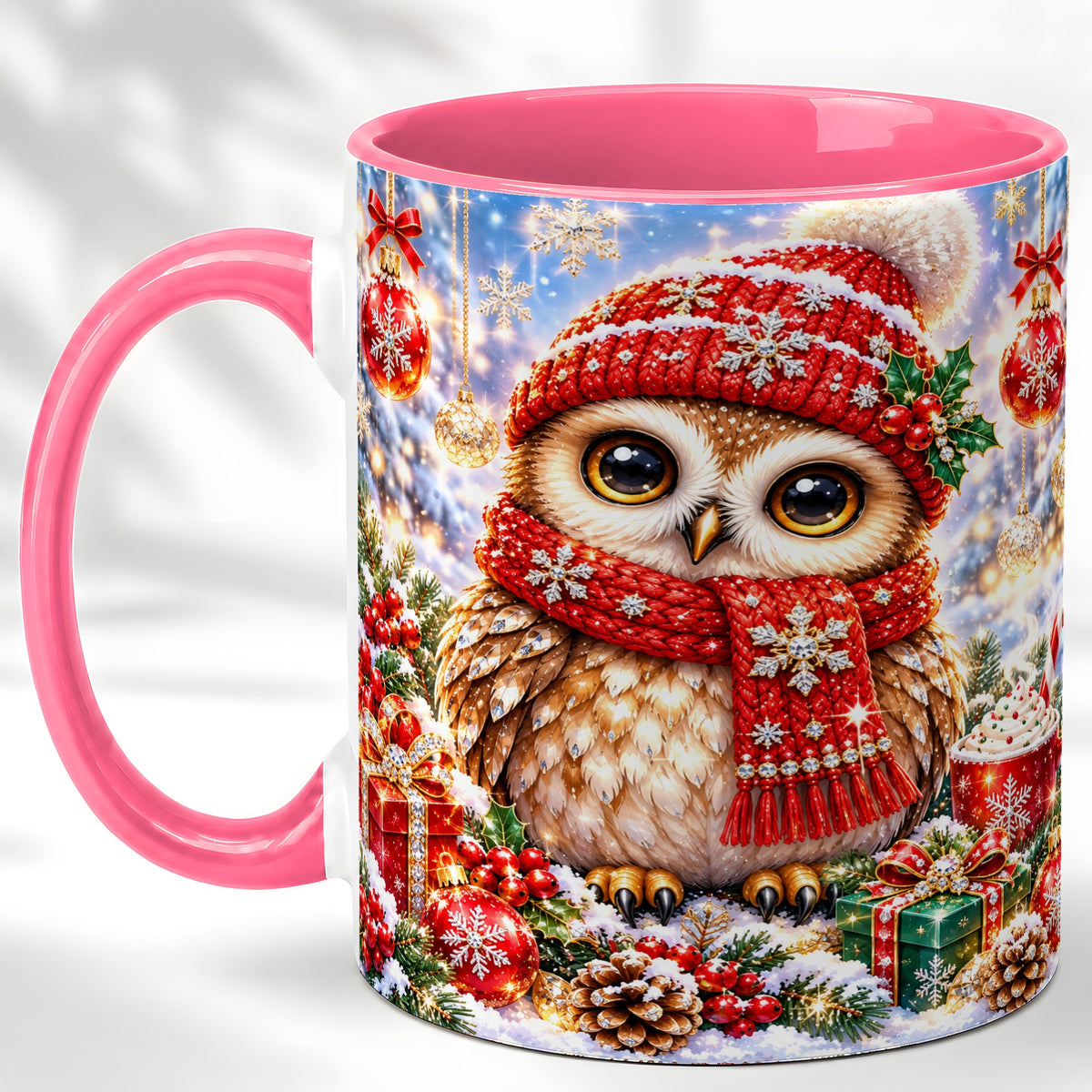 #pl[11oz|Pink] Jeweled Christmas Owl Coffee Mug, Winter Owl Mug, Ceramic Cup
