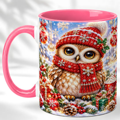 #pl[11oz|Pink] Jeweled Christmas Owl Coffee Mug, Winter Owl Mug, Ceramic Cup