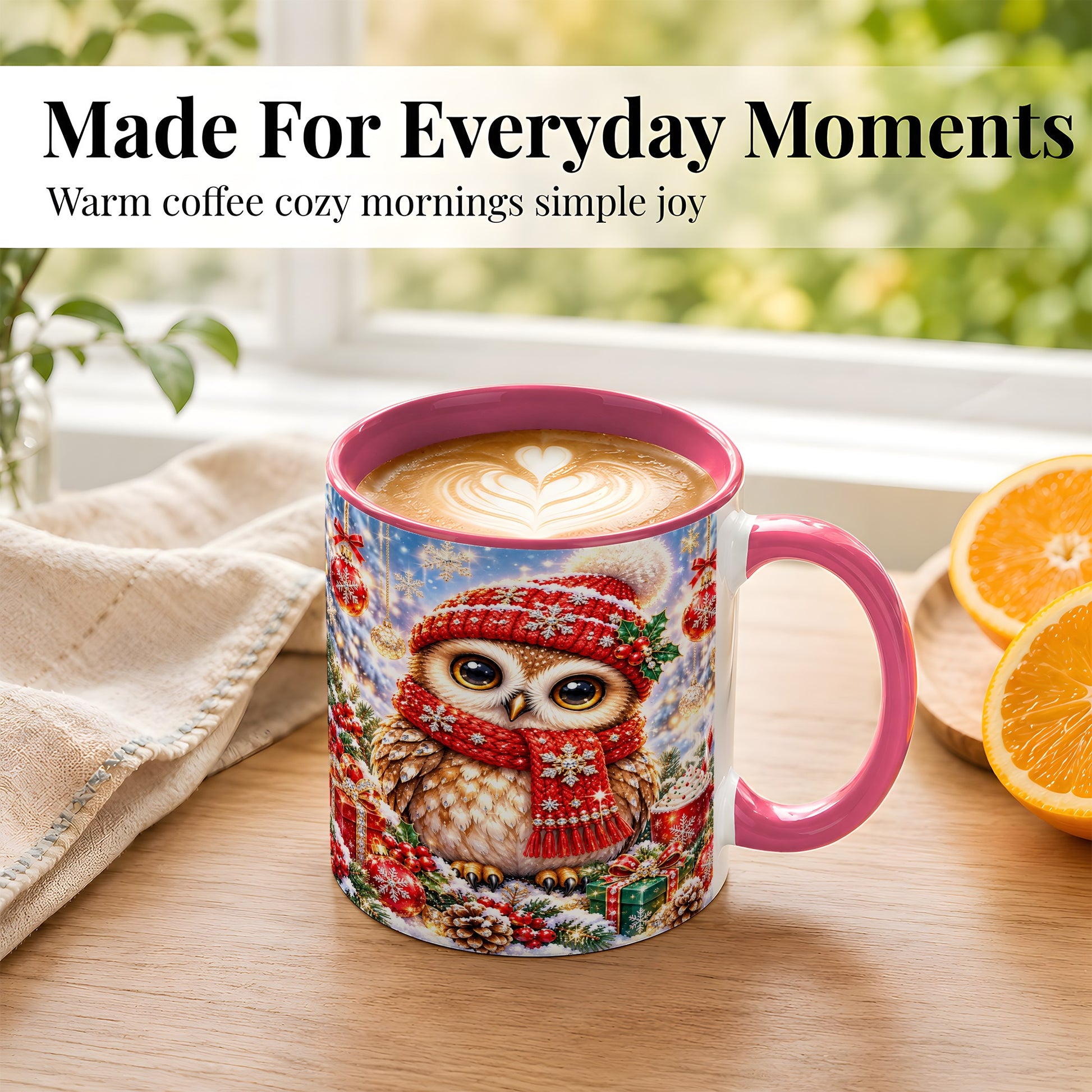 #pl[11oz|Pink] Jeweled Christmas Owl Coffee Mug, Winter Owl Mug, Ceramic Cup