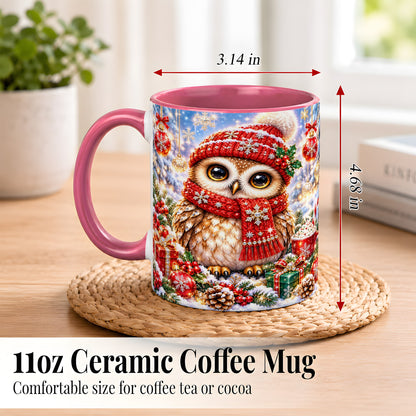 #pl[11oz|Pink] Jeweled Christmas Owl Coffee Mug, Winter Owl Mug, Ceramic Cup