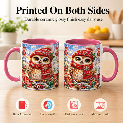 #pl[11oz|Pink] Jeweled Christmas Owl Coffee Mug, Winter Owl Mug, Ceramic Cup