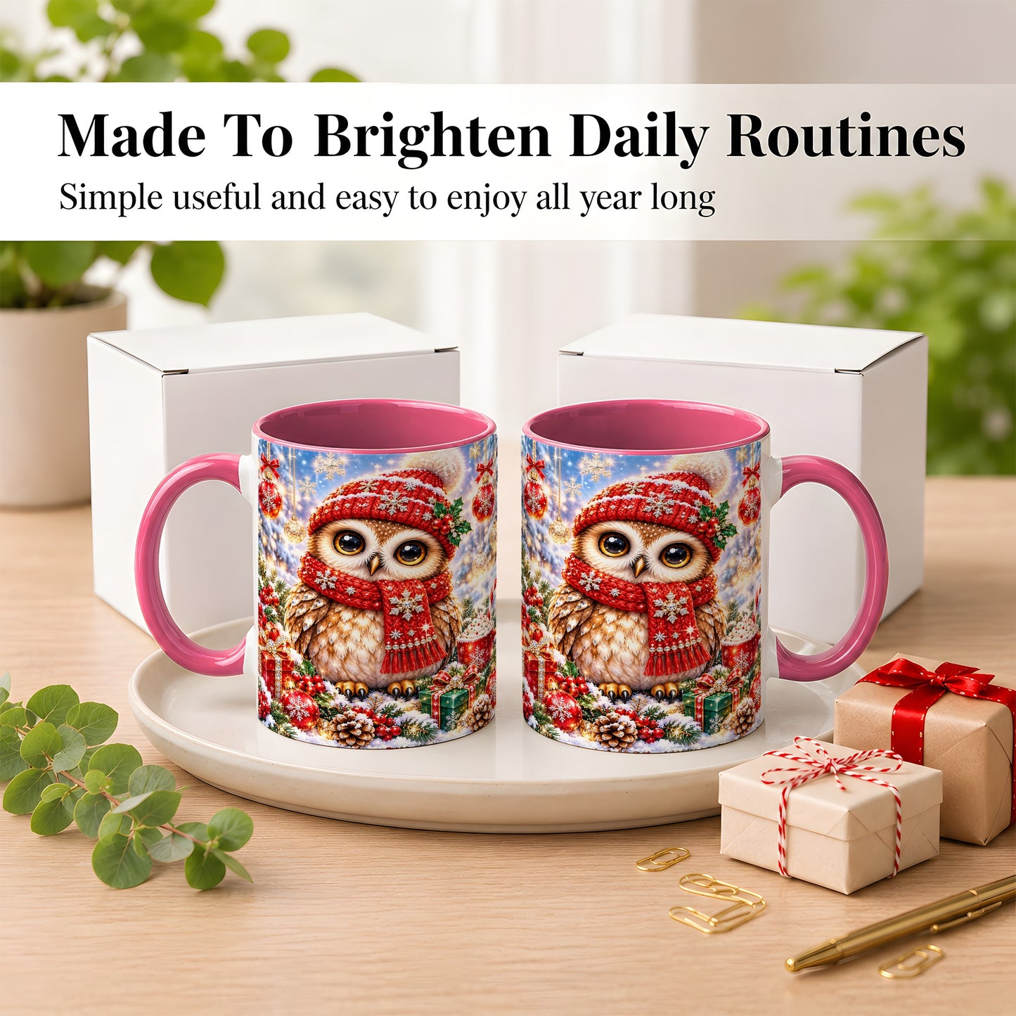 #pl[11oz|Pink] Jeweled Christmas Owl Coffee Mug, Winter Owl Mug, Ceramic Cup