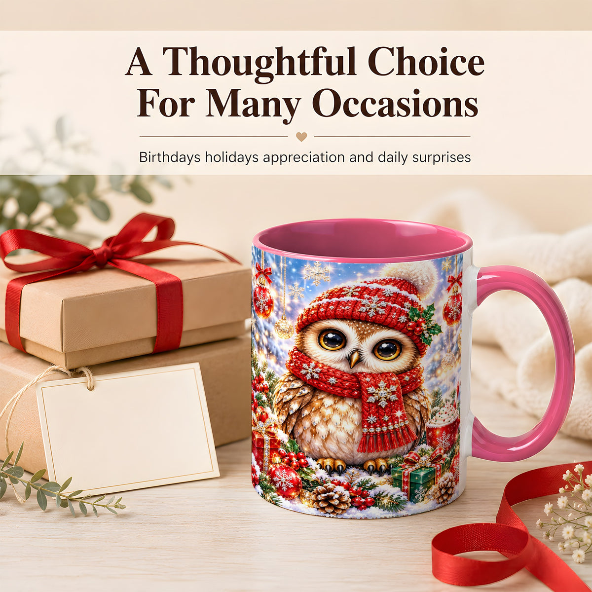 #pl[11oz|Pink] Jeweled Christmas Owl Coffee Mug, Winter Owl Mug, Ceramic Cup