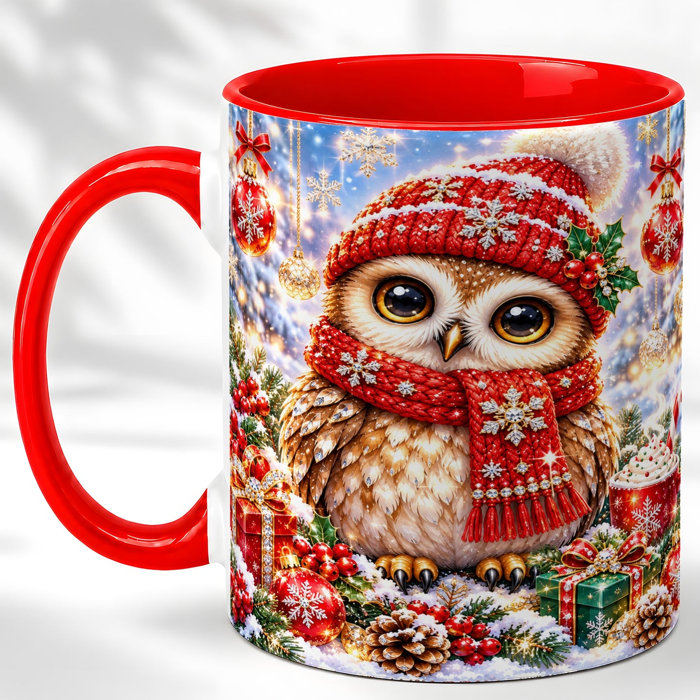 Jeweled Christmas Owl Coffee Mug, Winter Owl Mug, Ceramic Cup