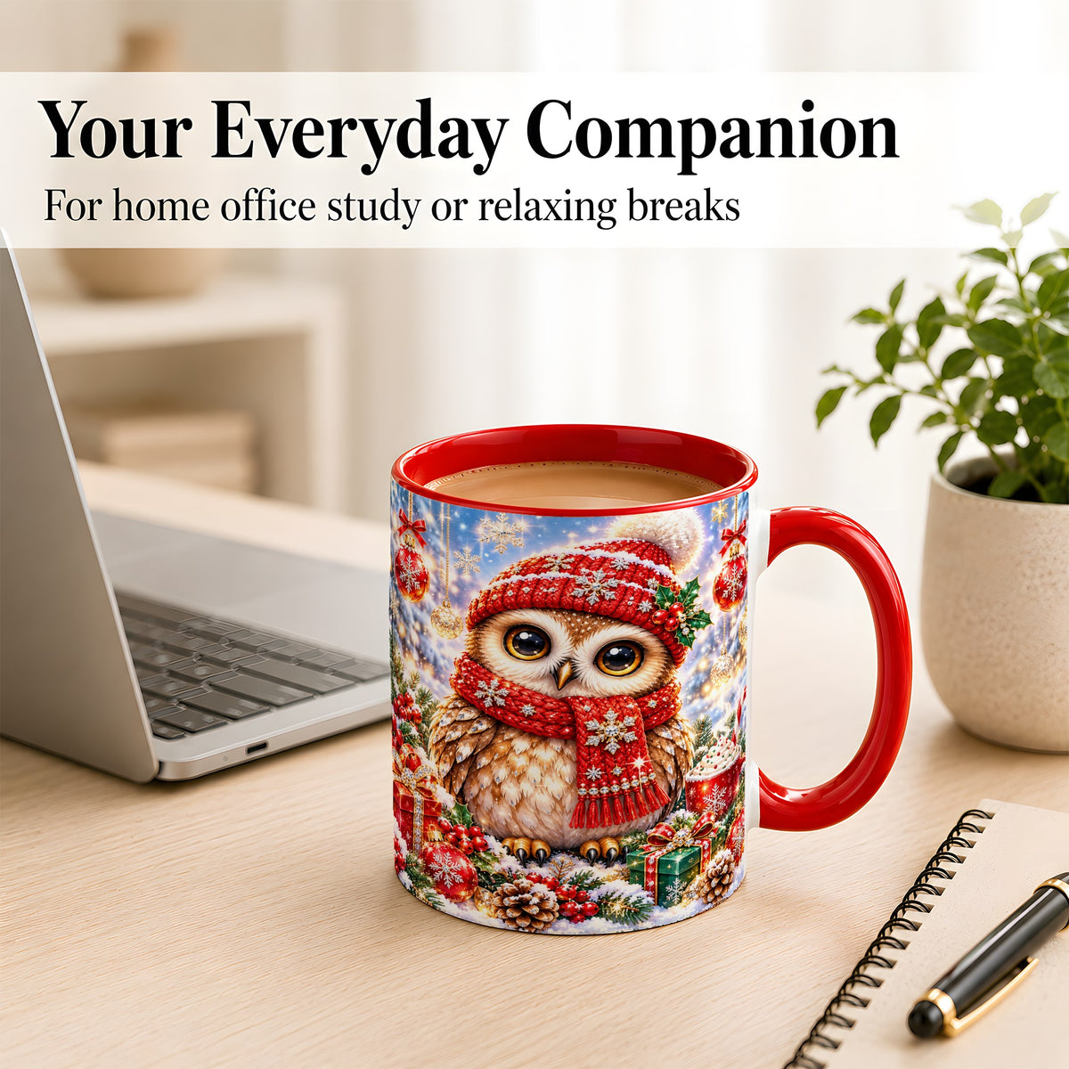 #pl[11oz|Red] Jeweled Christmas Owl Coffee Mug, Winter Owl Mug, Ceramic Cup