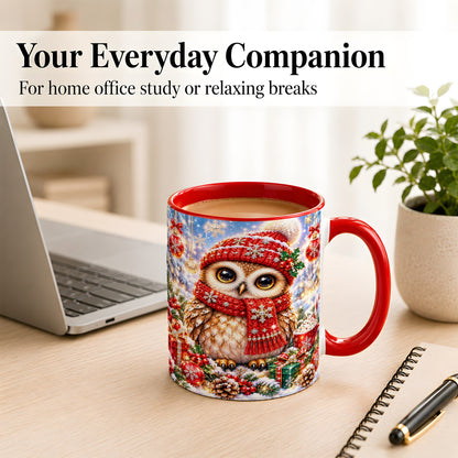 #pl[11oz|Red] Jeweled Christmas Owl Coffee Mug, Winter Owl Mug, Ceramic Cup