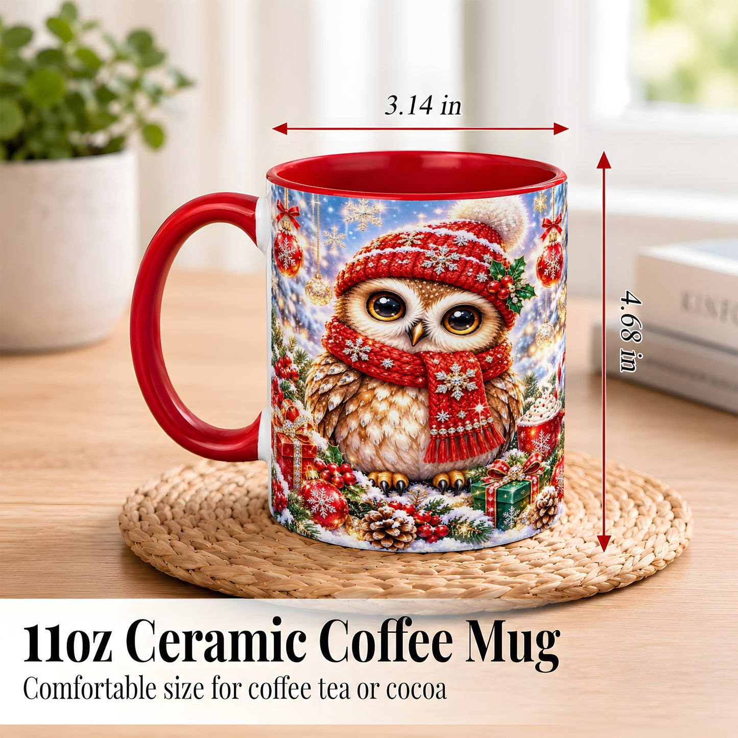 #pl[11oz|Red] Jeweled Christmas Owl Coffee Mug, Winter Owl Mug, Ceramic Cup