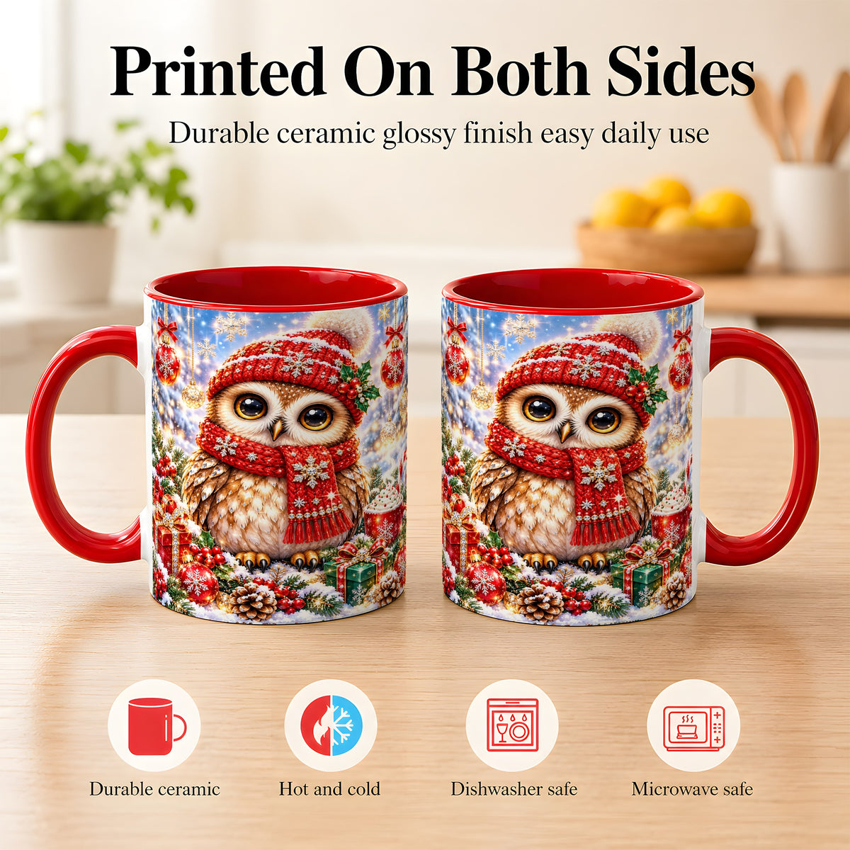 #pl[11oz|Red] Jeweled Christmas Owl Coffee Mug, Winter Owl Mug, Ceramic Cup