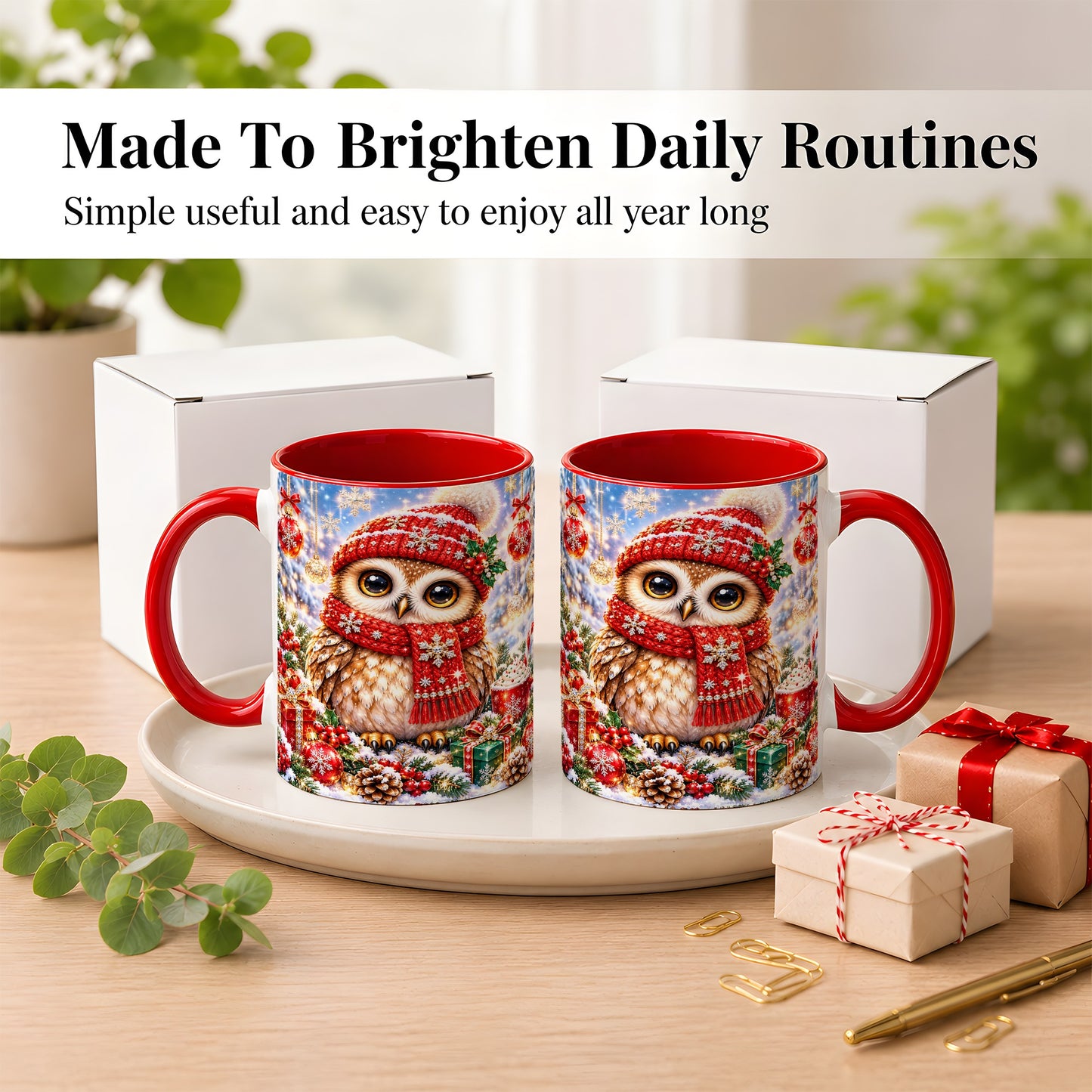 #pl[11oz|Red] Jeweled Christmas Owl Coffee Mug, Winter Owl Mug, Ceramic Cup