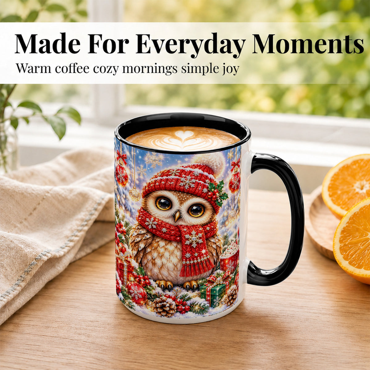 #pl[15oz|Black] Jeweled Christmas Owl Coffee Mug, Winter Owl Mug, Ceramic Cup