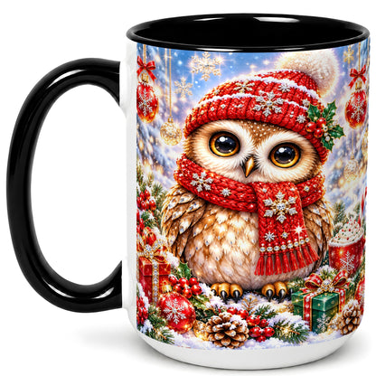 #pl[15oz|Black] Jeweled Christmas Owl Coffee Mug, Winter Owl Mug, Ceramic Cup