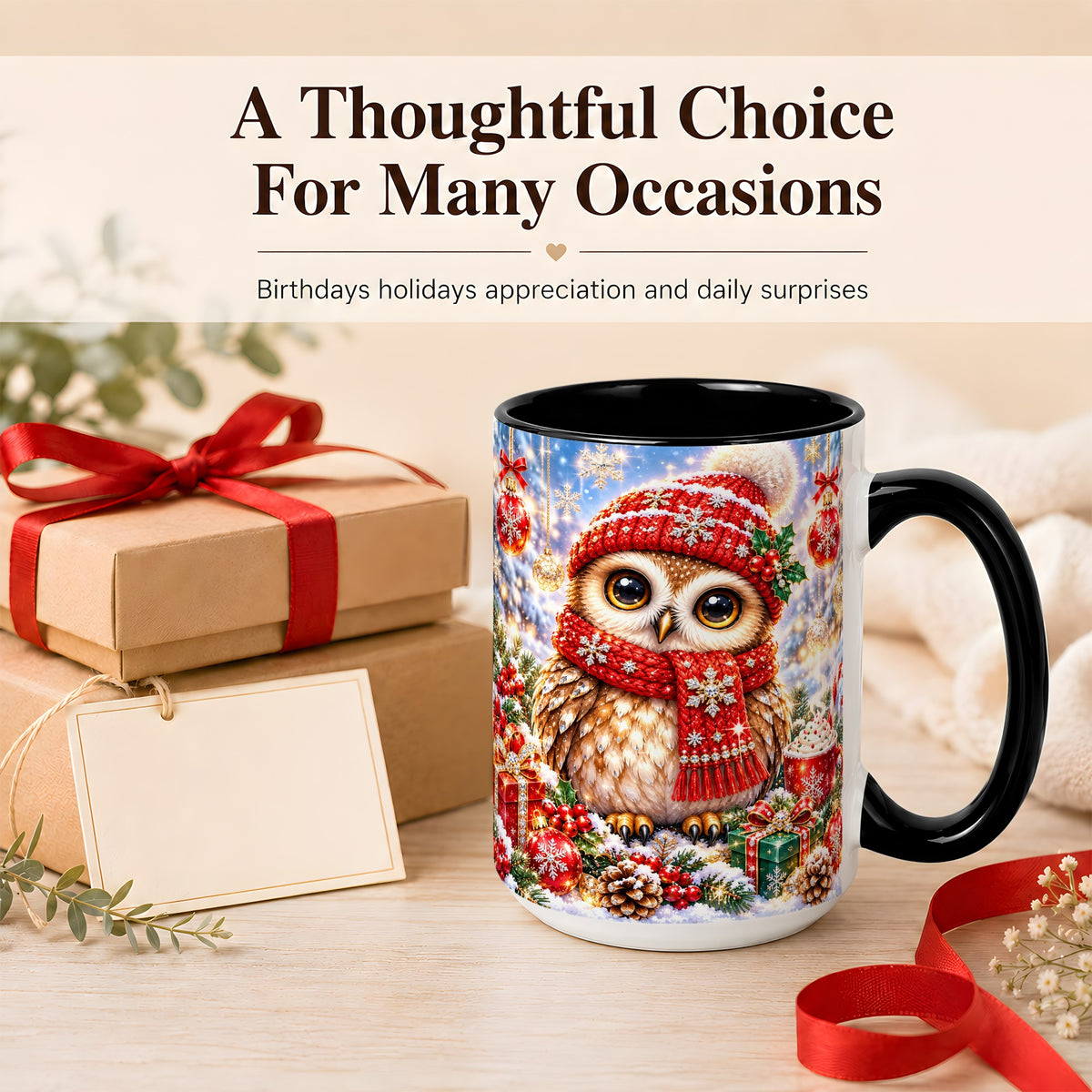 #pl[15oz|Black] Jeweled Christmas Owl Coffee Mug, Winter Owl Mug, Ceramic Cup