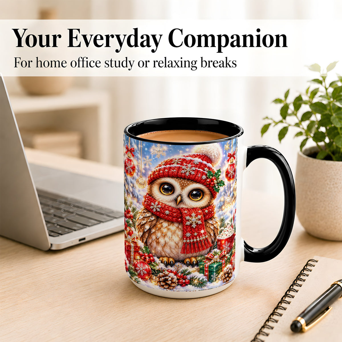 #pl[15oz|Black] Jeweled Christmas Owl Coffee Mug, Winter Owl Mug, Ceramic Cup