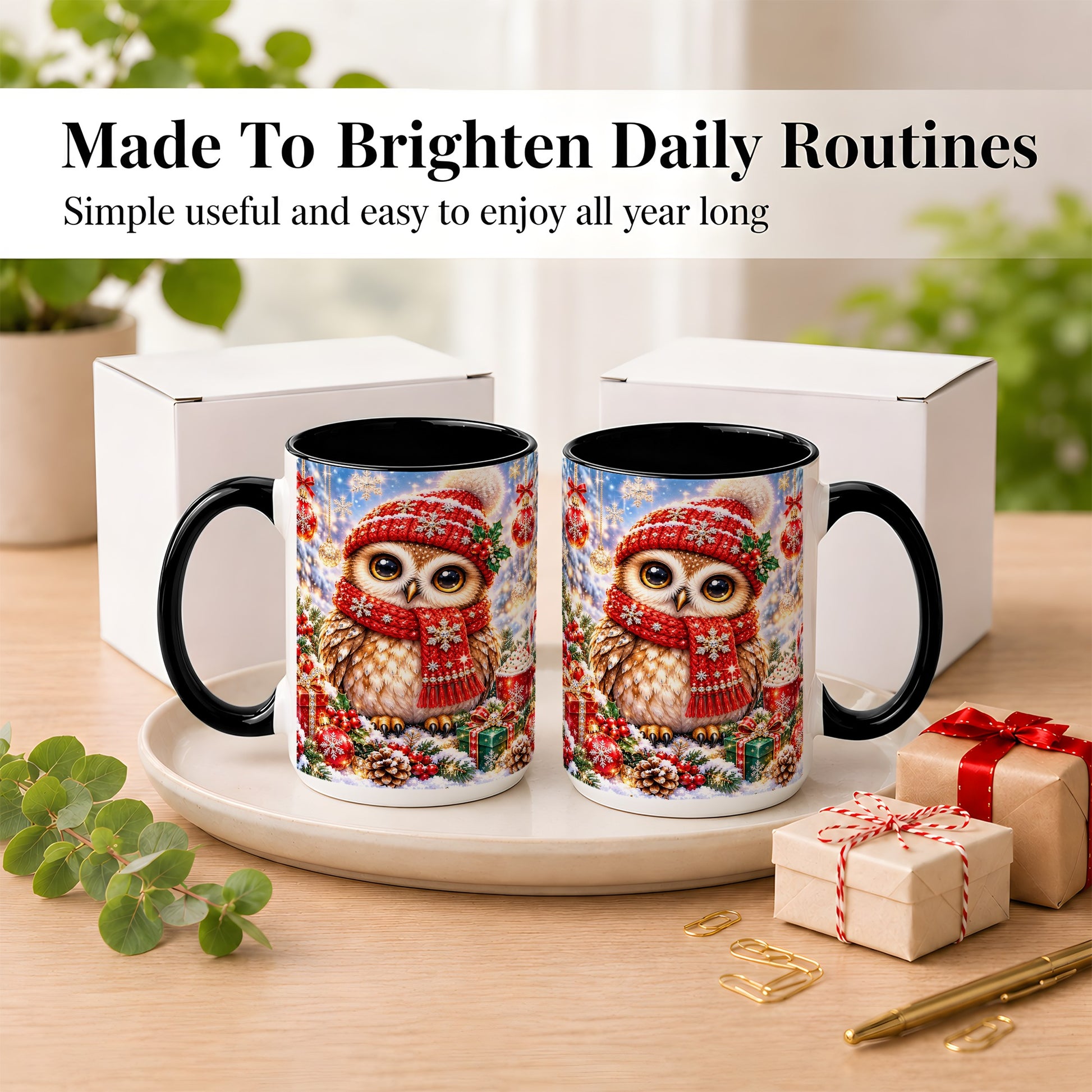 #pl[15oz|Black] Jeweled Christmas Owl Coffee Mug, Winter Owl Mug, Ceramic Cup