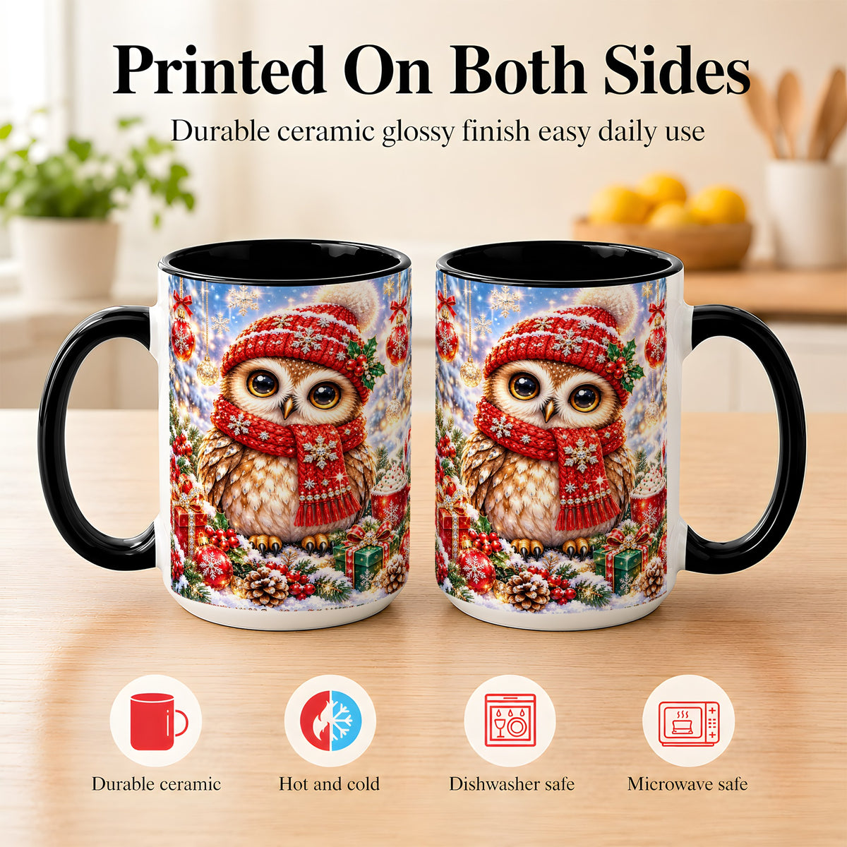 #pl[15oz|Black] Jeweled Christmas Owl Coffee Mug, Winter Owl Mug, Ceramic Cup