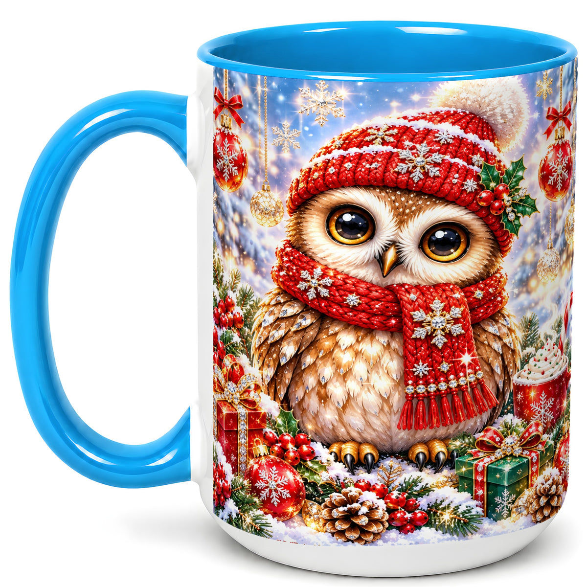 #pl[15oz|Blue] Jeweled Christmas Owl Coffee Mug, Winter Owl Mug, Ceramic Cup