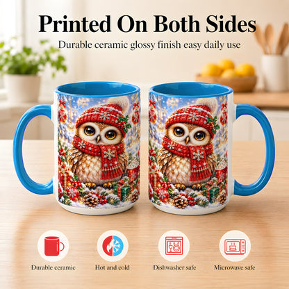 #pl[15oz|Blue] Jeweled Christmas Owl Coffee Mug, Winter Owl Mug, Ceramic Cup