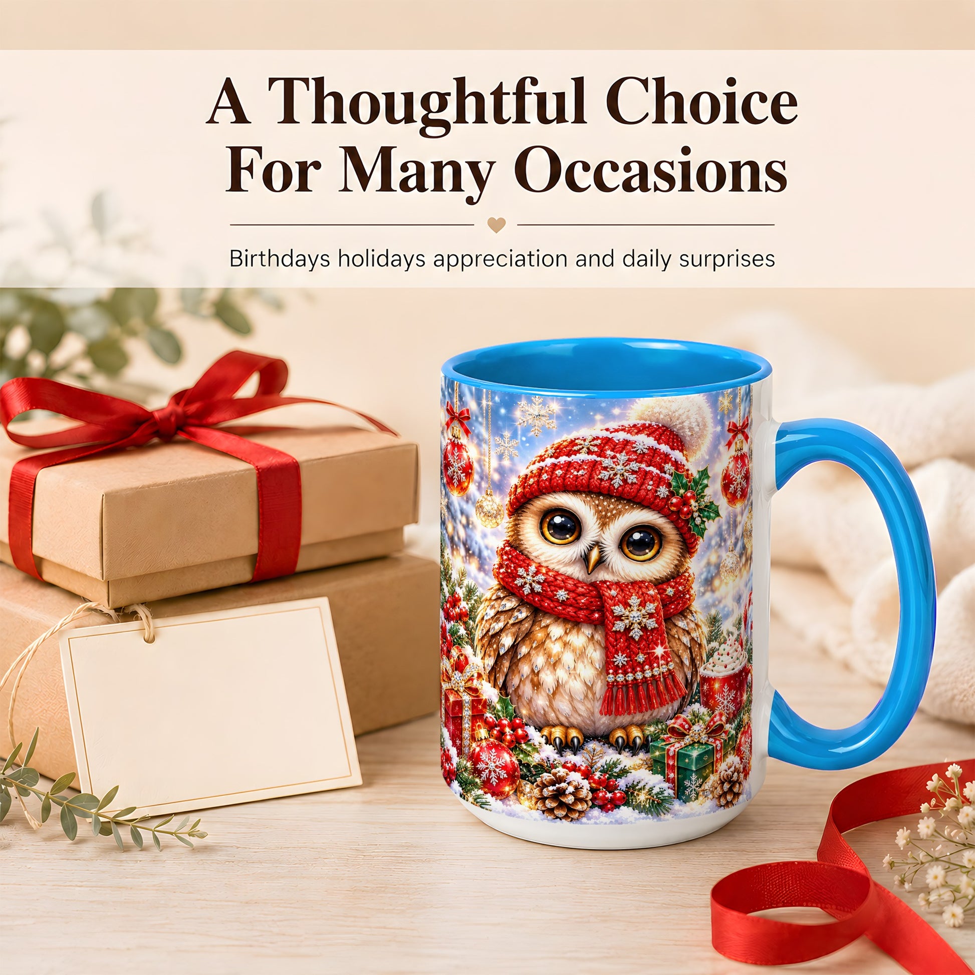#pl[15oz|Blue] Jeweled Christmas Owl Coffee Mug, Winter Owl Mug, Ceramic Cup