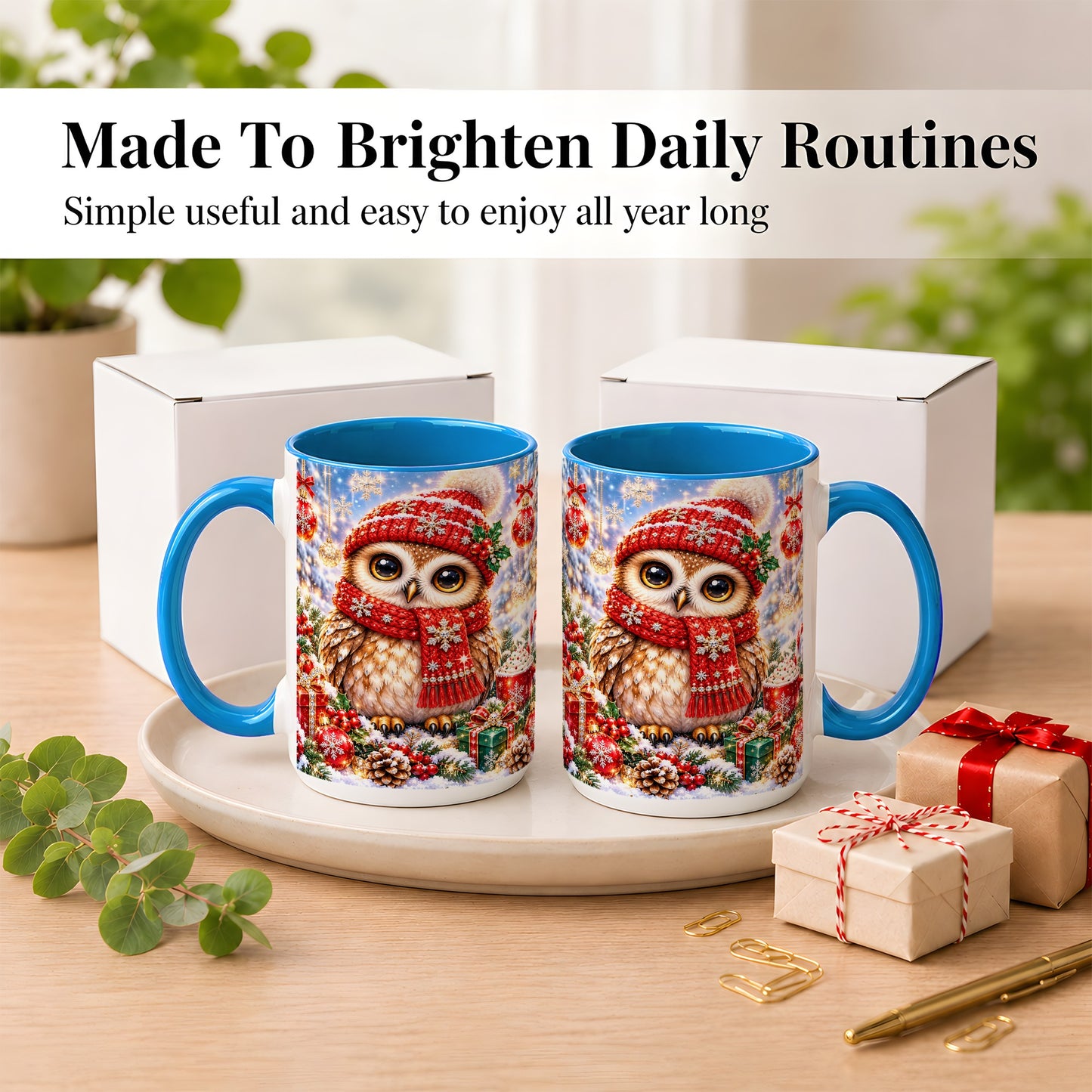 #pl[15oz|Blue] Jeweled Christmas Owl Coffee Mug, Winter Owl Mug, Ceramic Cup