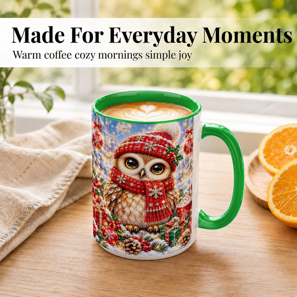 #pl[15oz|Green] Jeweled Christmas Owl Coffee Mug, Winter Owl Mug, Ceramic Cup