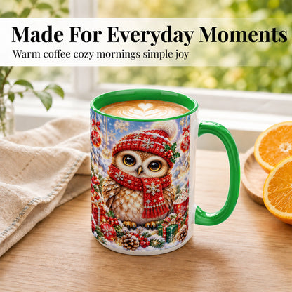 #pl[15oz|Green] Jeweled Christmas Owl Coffee Mug, Winter Owl Mug, Ceramic Cup