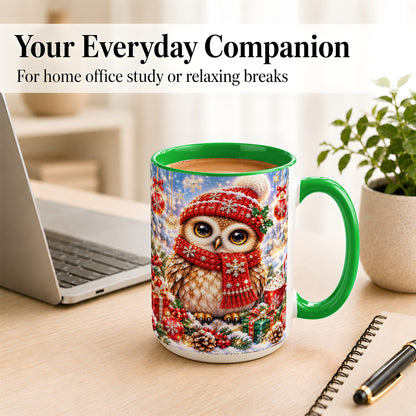 #pl[15oz|Green] Jeweled Christmas Owl Coffee Mug, Winter Owl Mug, Ceramic Cup