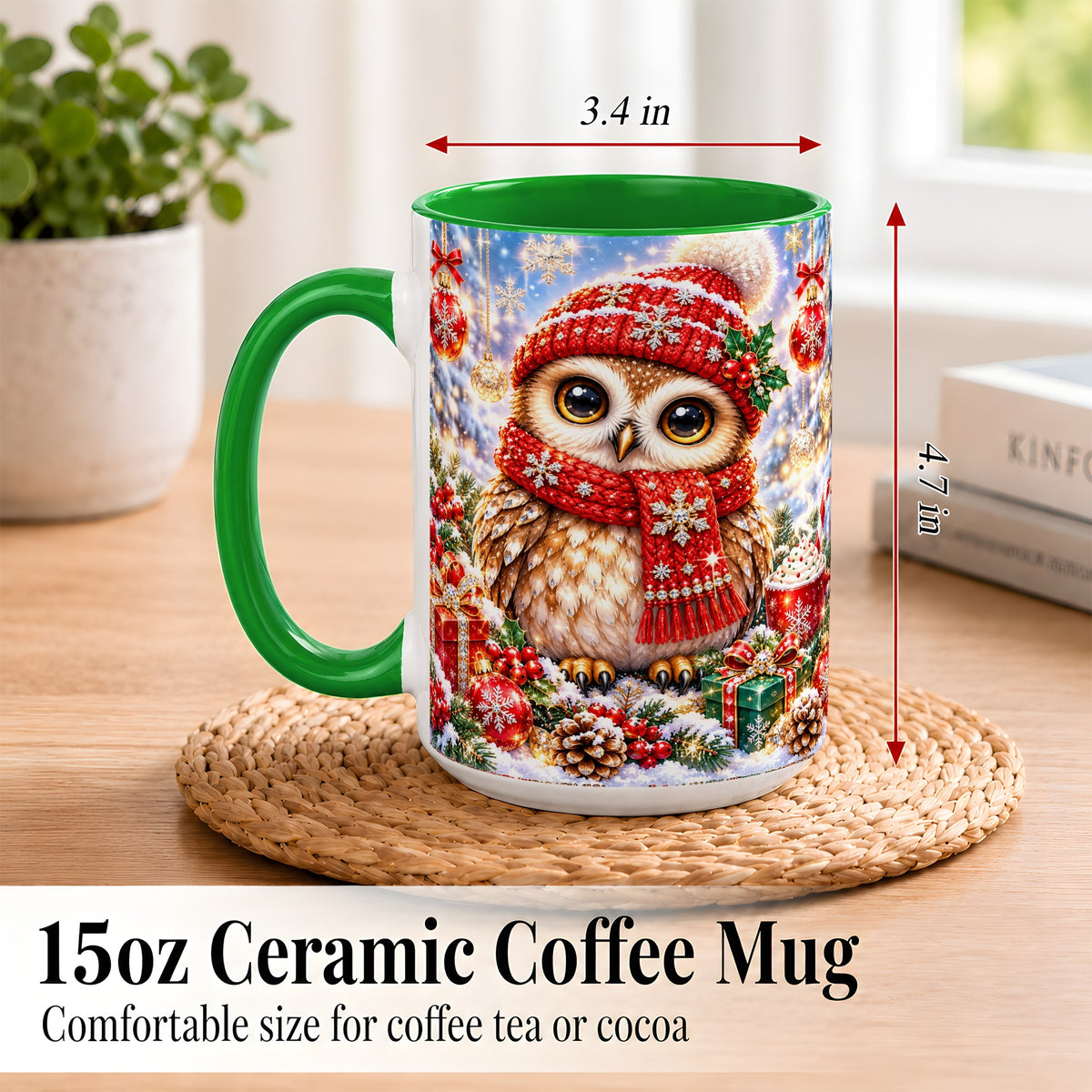 #pl[15oz|Green] Jeweled Christmas Owl Coffee Mug, Winter Owl Mug, Ceramic Cup