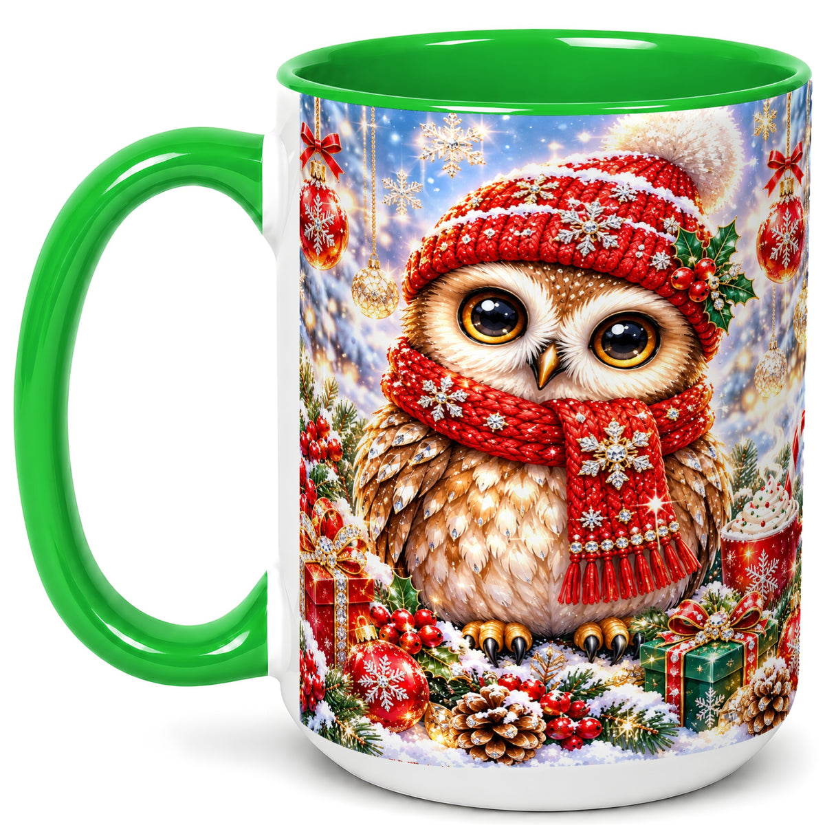 #pl[15oz|Green] Jeweled Christmas Owl Coffee Mug, Winter Owl Mug, Ceramic Cup