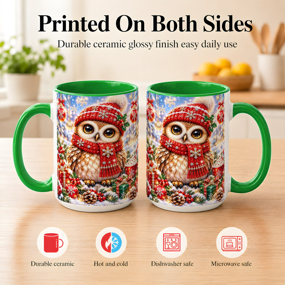 #pl[15oz|Green] Jeweled Christmas Owl Coffee Mug, Winter Owl Mug, Ceramic Cup