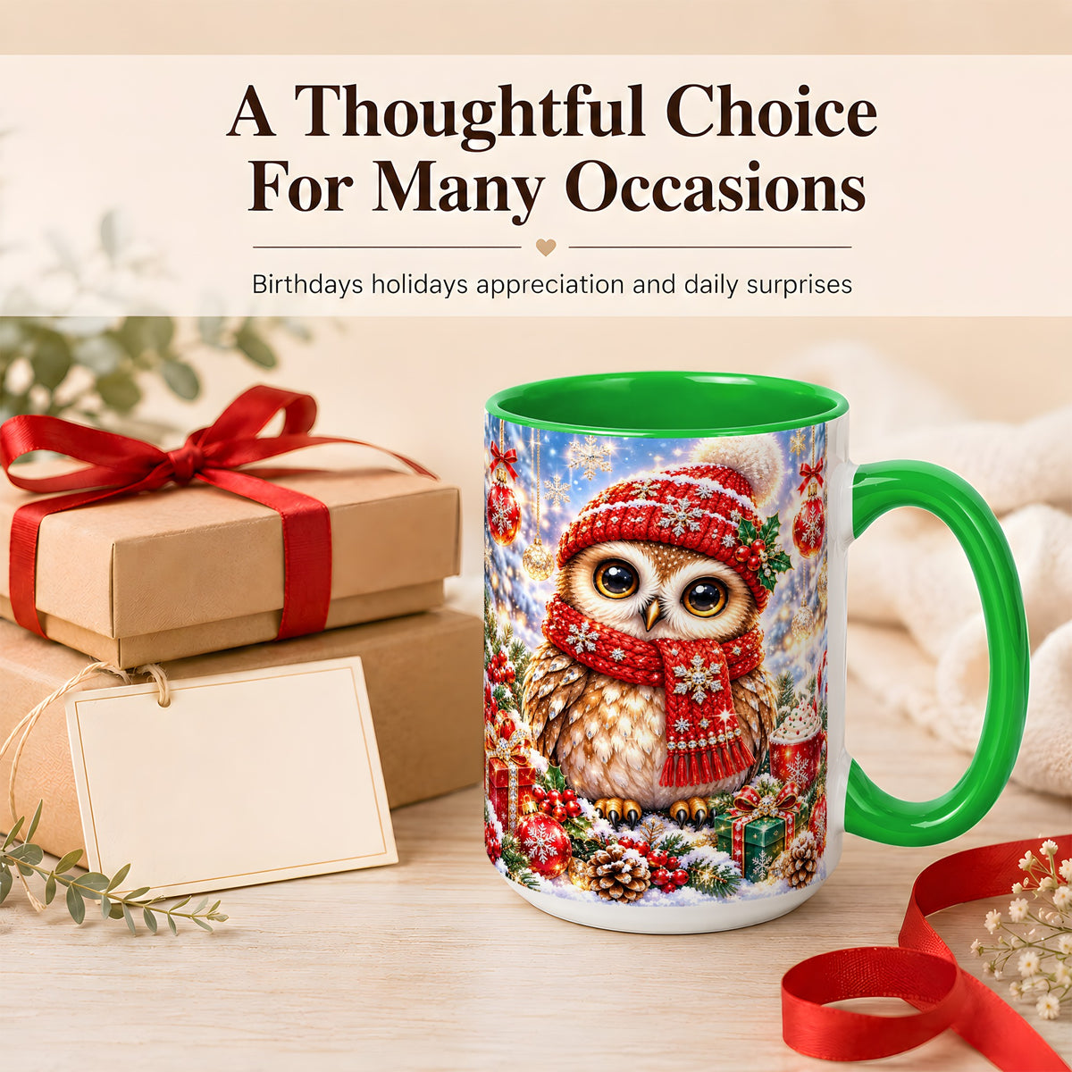 #pl[15oz|Green] Jeweled Christmas Owl Coffee Mug, Winter Owl Mug, Ceramic Cup