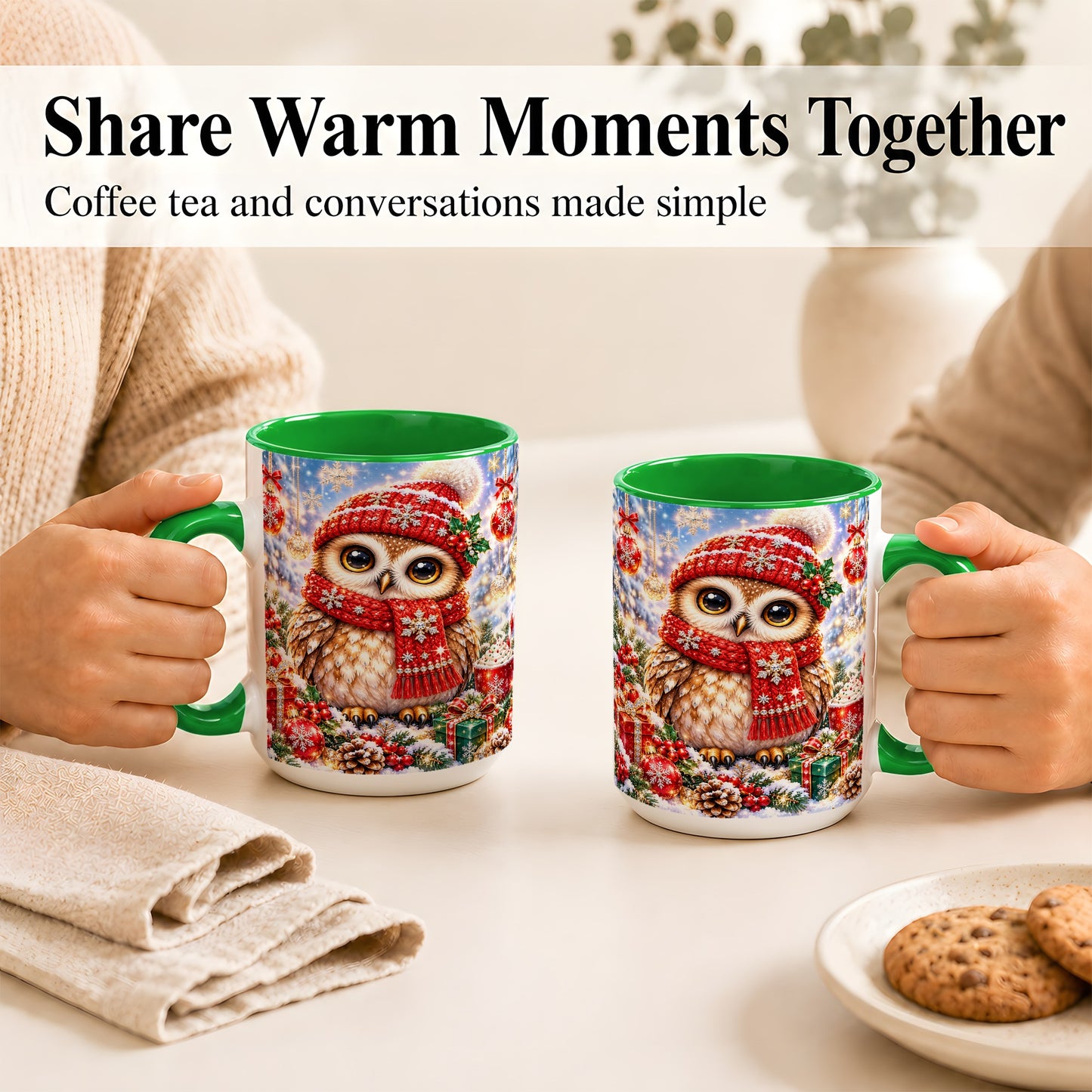 #pl[15oz|Green] Jeweled Christmas Owl Coffee Mug, Winter Owl Mug, Ceramic Cup