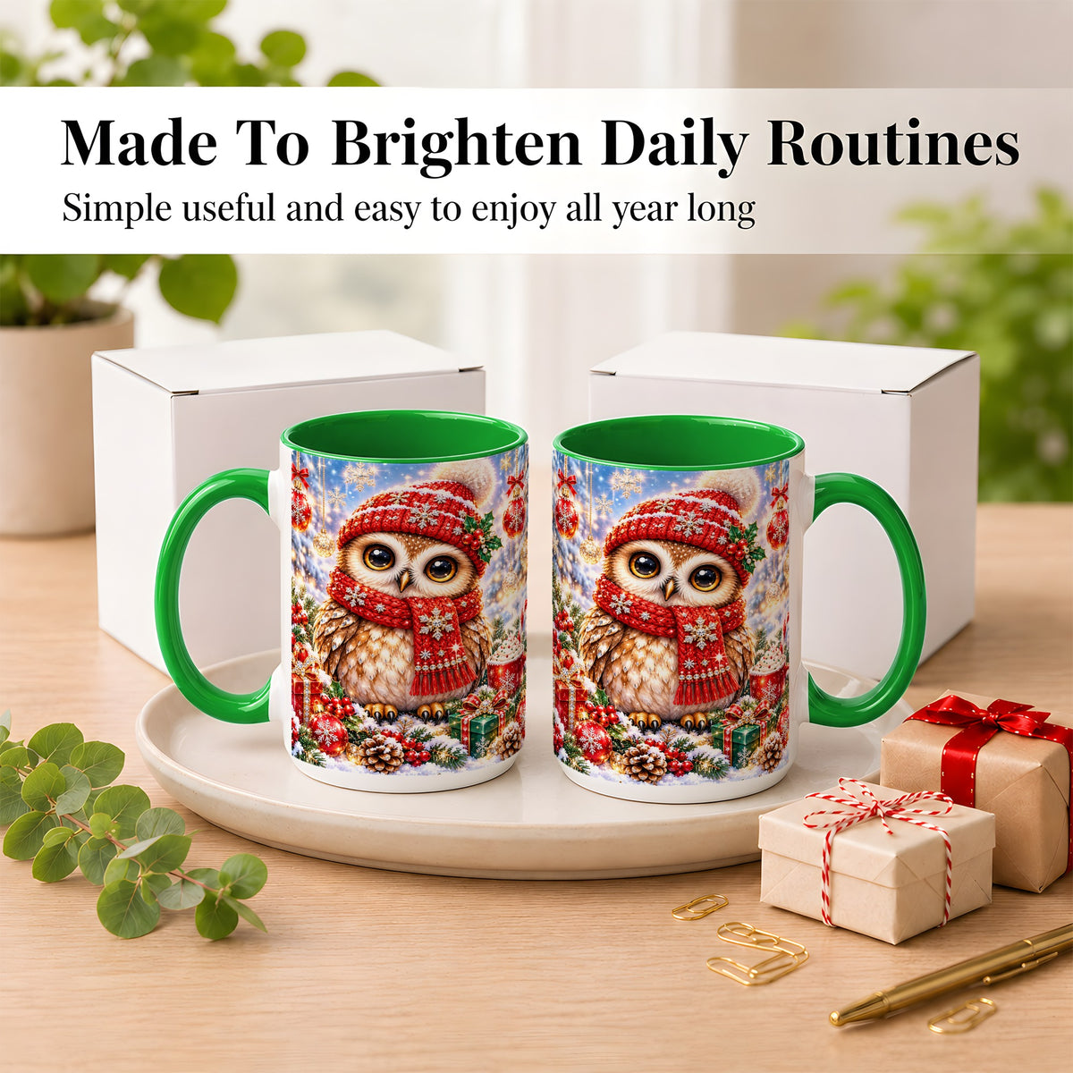 #pl[15oz|Green] Jeweled Christmas Owl Coffee Mug, Winter Owl Mug, Ceramic Cup
